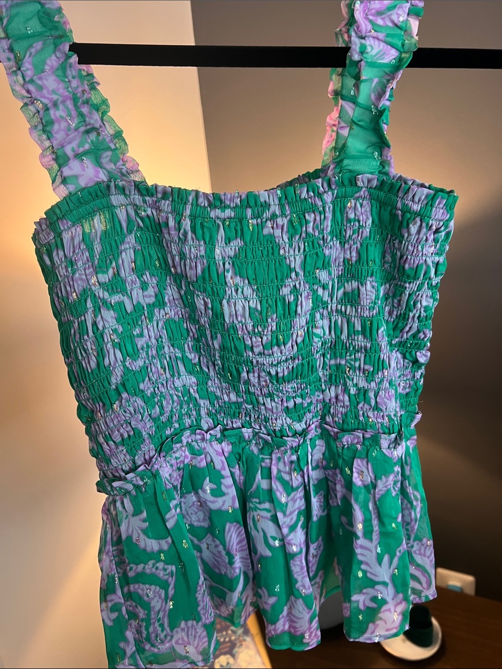 Lilly Pulitzer Green and Lavender Smocked Peplum Tank